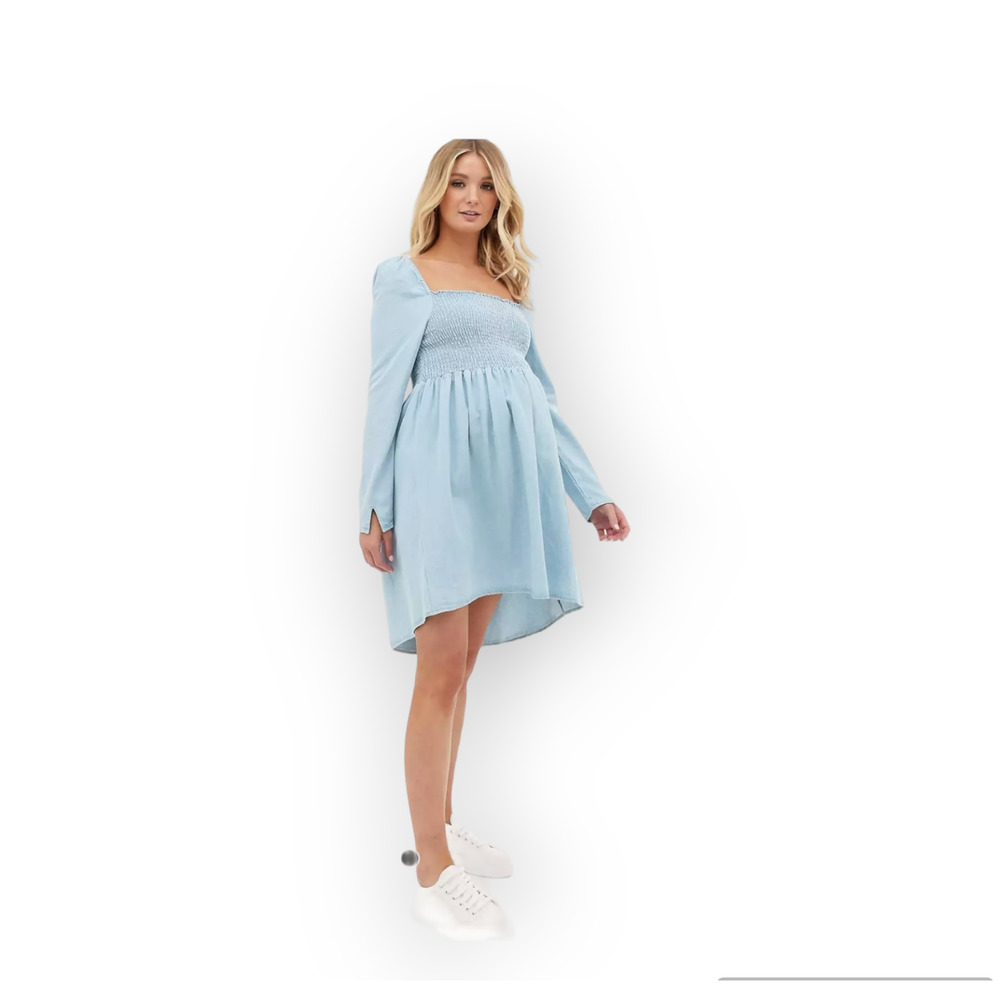 Light Blue Smocked Long-Sleeve Mini Dress